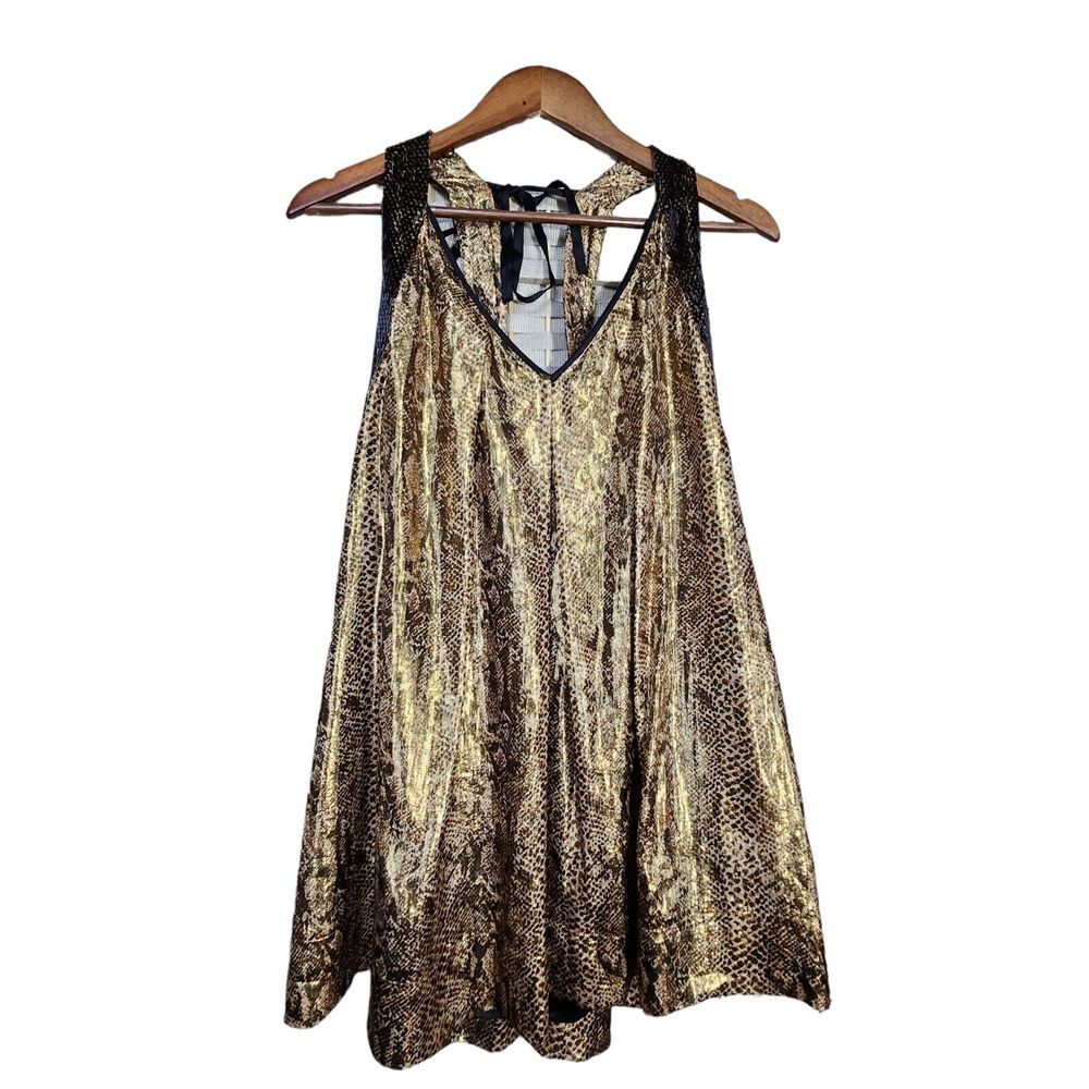 Bebe Gold Animal Print‎ Silk Slip Dress Beaded Straps Size Small